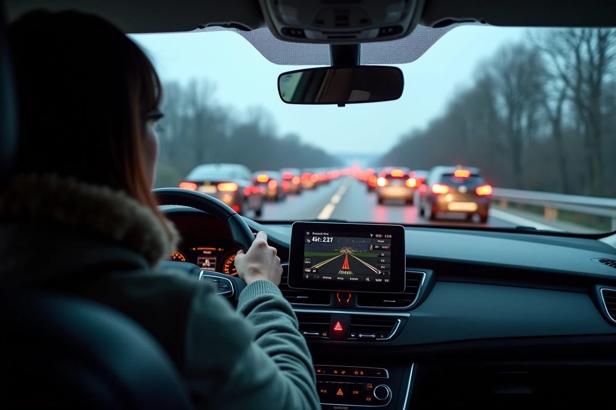 Conductrice bloquée dans un embouteillage sur l'autoroute du nord en regardant son GPS pour éviter l'accident