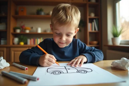 Enfant qui colorie un dessin de voiture imprimé sur une feuille blanche à la maison