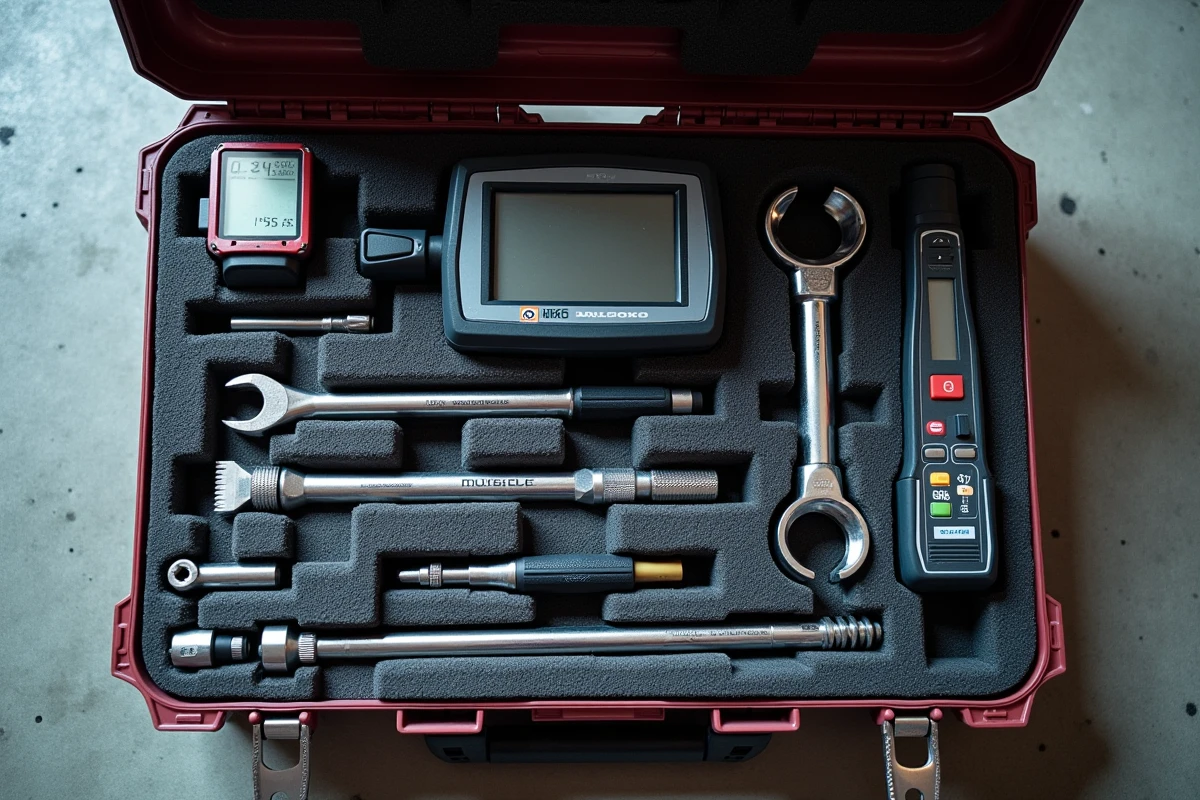 Vue aérienne d'un ensemble complet d'outils de diagnostic et d'outillage spécialisé pour moteurs automobiles modernes