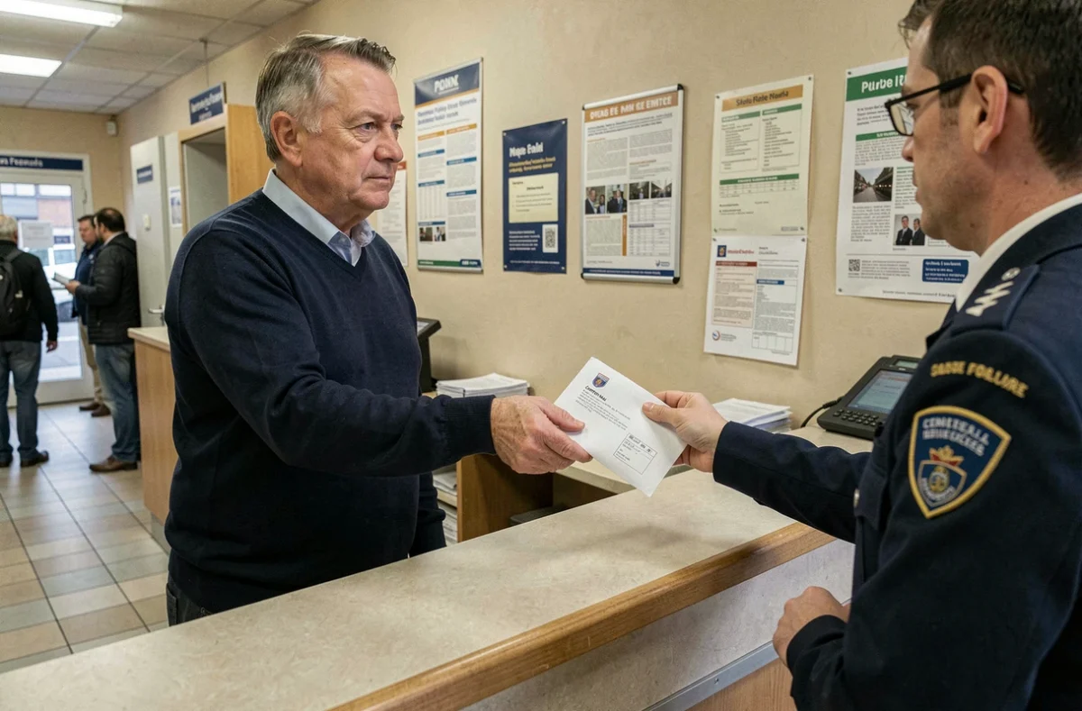 Homme envoyant en recommandé une lettre de résiliation d'assurance auto au bureau de poste