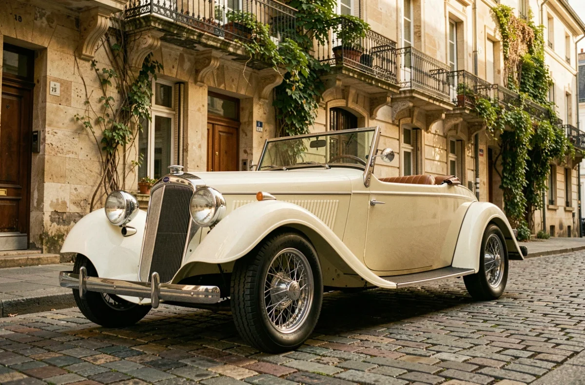 Roadster Excalibur vintage garé sur des pavés d'une rue européenne, carrosserie blanche crème et roues à rayons chromées