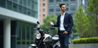 Marketing : définition et rôle clé de la moto dans la stratégie Jeune homme marketing avec moto moderne en ville