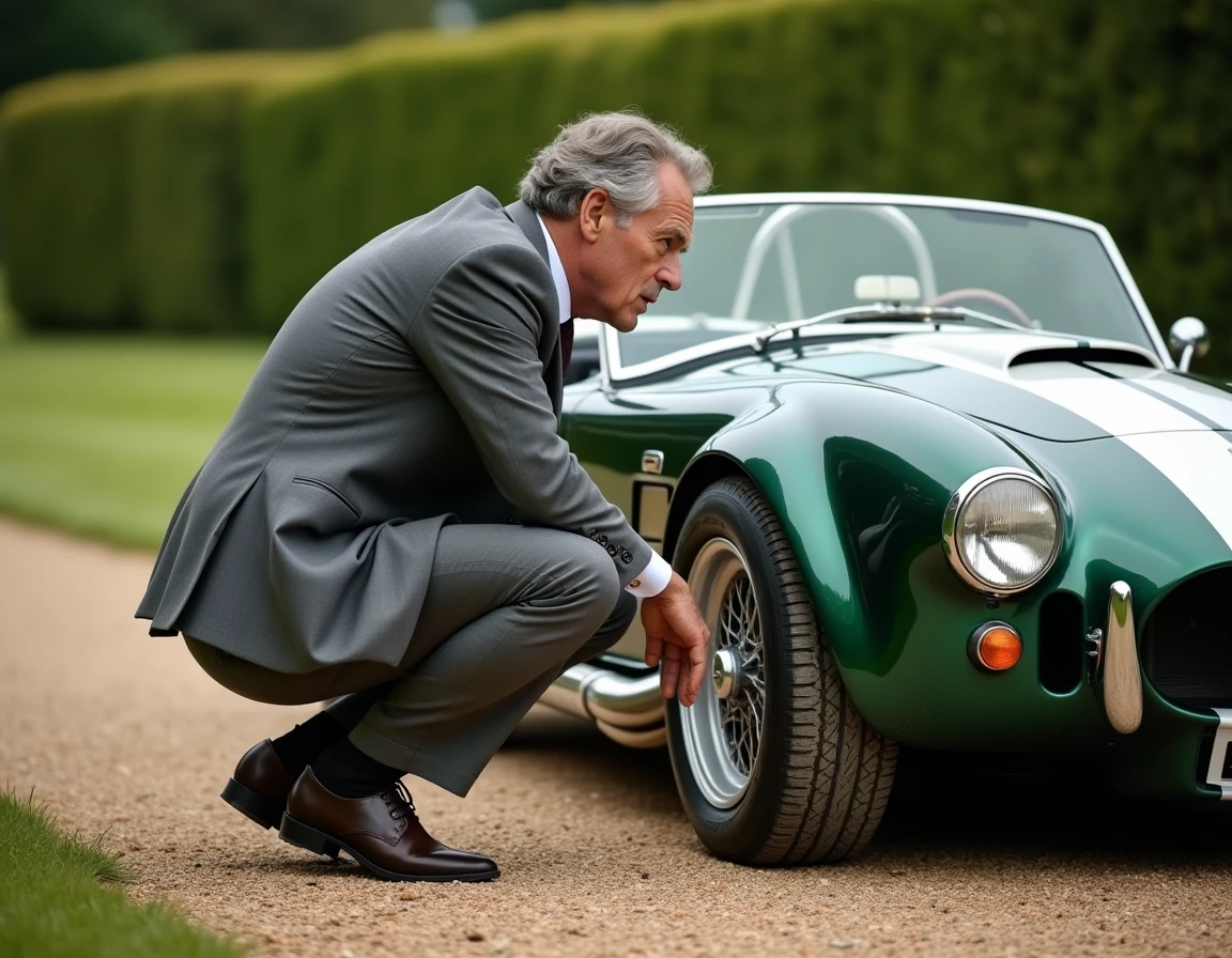 Expert automobile évaluant une Cobra AC classique lors d'un salon de voitures de collection en extérieur