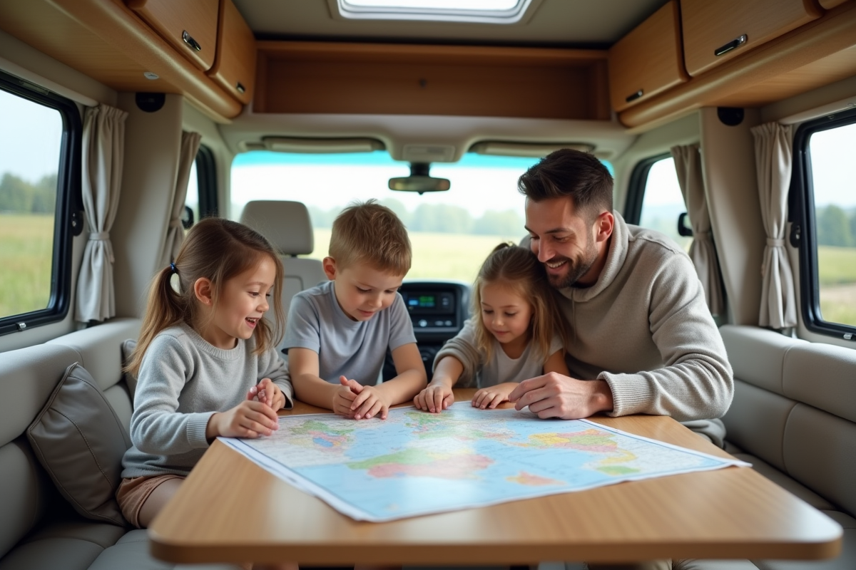 Famille dans un camping-car lisant cartes et guides de voyage