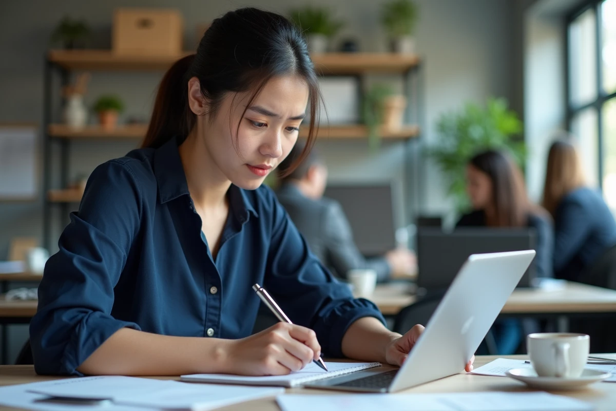 Femme analysant les erreurs d'une annonce payante sur Leboncoin dans un espace de coworking