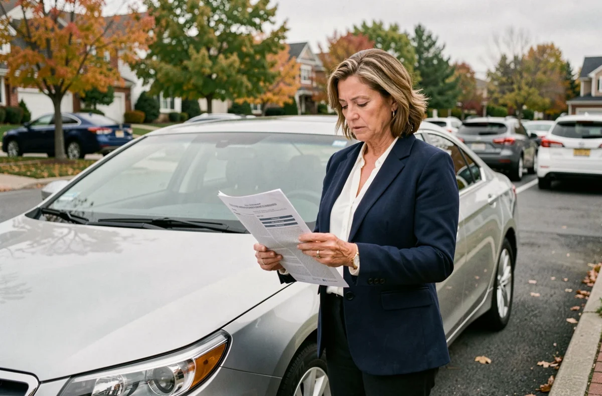 Femme tenant un document d'assurance auto à côté de sa voiture garée, envisageant une suspension de contrat