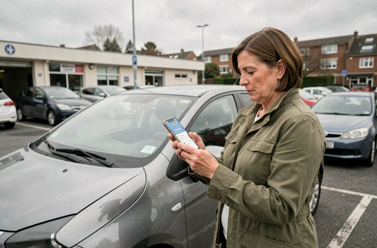 Une femme lit des avis clients sur son smartphone debout près de sa voiture pour comparer des assurances auto économiques
