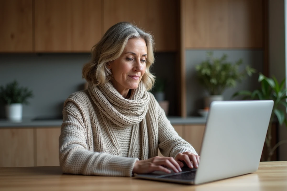 Femme d age moyen utilisant ordinateur dans cuisine chaleureuse