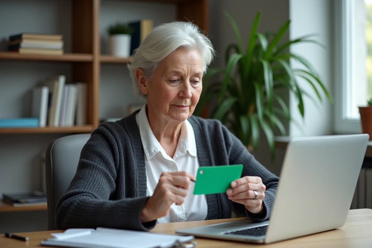 Femme cherchant le numéro d'assistance Groupama sur sa carte verte depuis son bureau à domicile