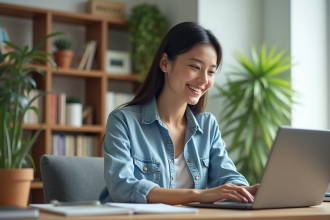 Jeune femme au bureau à domicile souriante et concentrée