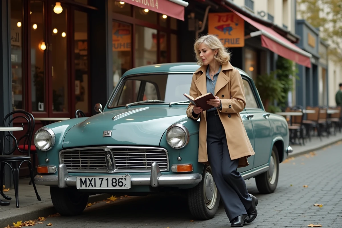 Femme dans un caf&eacute; parisien avec une Peugeot 403