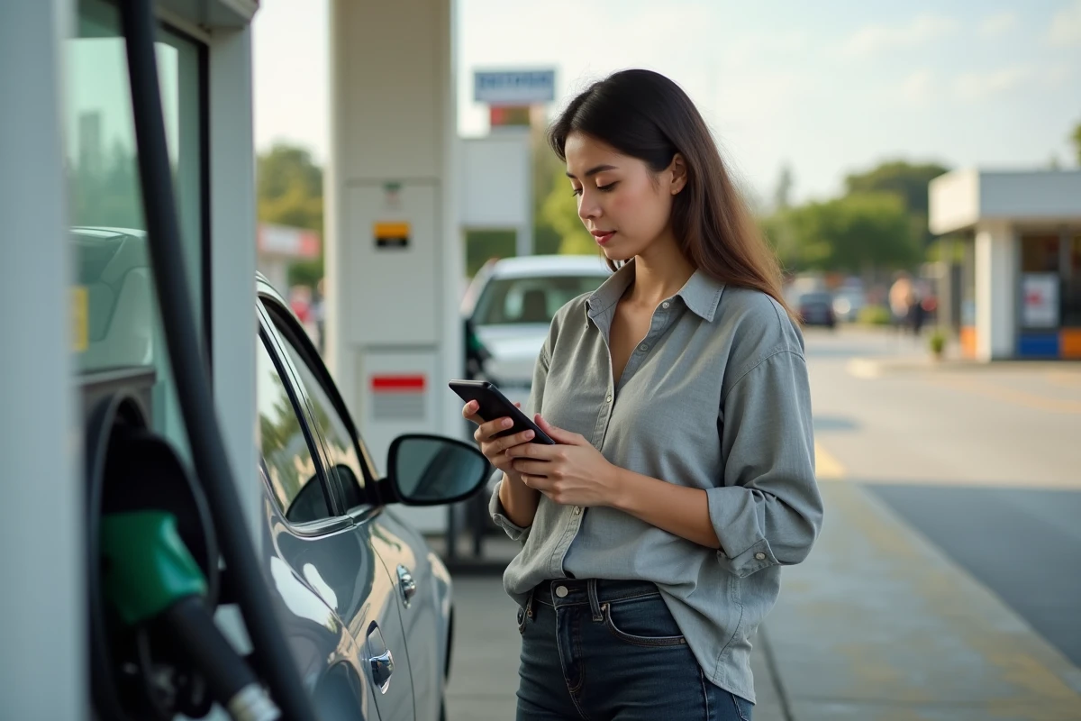 Femme consultant son téléphone portable en faisant le plein de carburant à une station-service en banlieue
