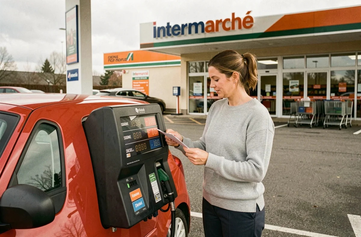 Femme comparant les tarifs essence et diesel affichés sur une pompe de station-service Intermarché