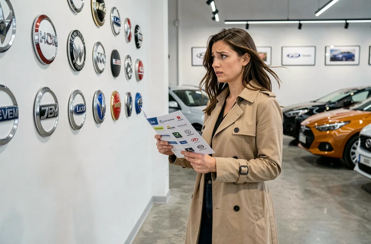 Femme dans une concession automobile observant un mur de logos de marques de voitures avec une expression interrogative