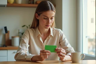 Femme consultant son numéro d'assistance Groupama sur sa carte verte d'assurance automobile