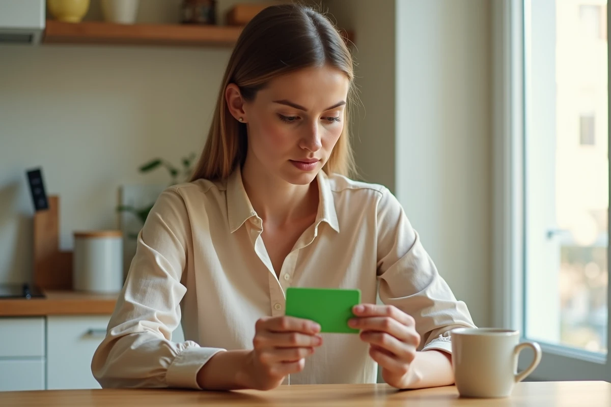 Femme consultant son numéro d'assistance Groupama sur sa carte verte d'assurance automobile
