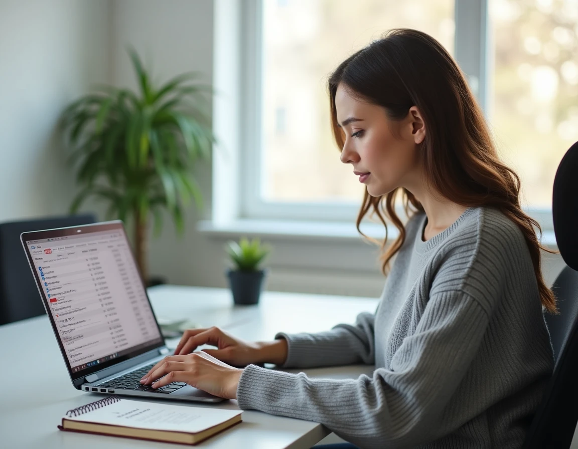 Femme consultant un tableau de conversion CC en CV sur ordinateur portable dans un bureau à domicile avec notes manuscrites