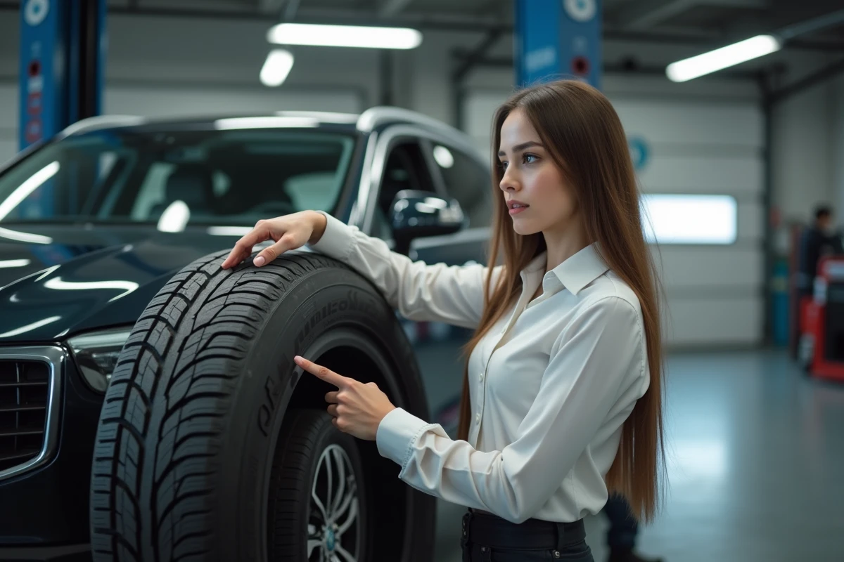 Jeune femme montrant un pneu us&eacute; dans un garage auto