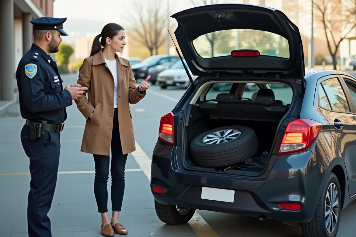 Jeune femme parlant avec un agent de police pr&egrave;s de sa voiture