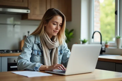 Femme en denim et écharpe utilisant un ordinateur en cuisine