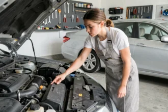 Jeune femme examinant le moteur d'une voiture dans un garage résidentiel, apprenant les parties du moteur
