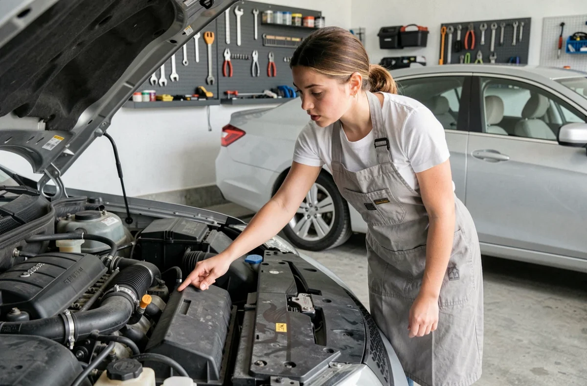 Jeune femme examinant le moteur d'une voiture dans un garage résidentiel, apprenant les parties du moteur