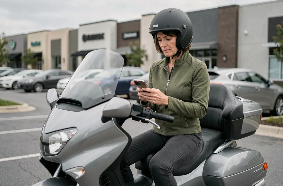 Femme en tenue de moto comparant des devis d'assurance scooter 500 sur smartphone