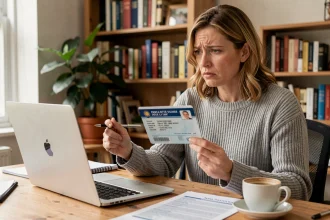 Femme frustrée devant son ordinateur portable avec son permis de conduire à la main, tentant de remplir un formulaire administratif en ligne