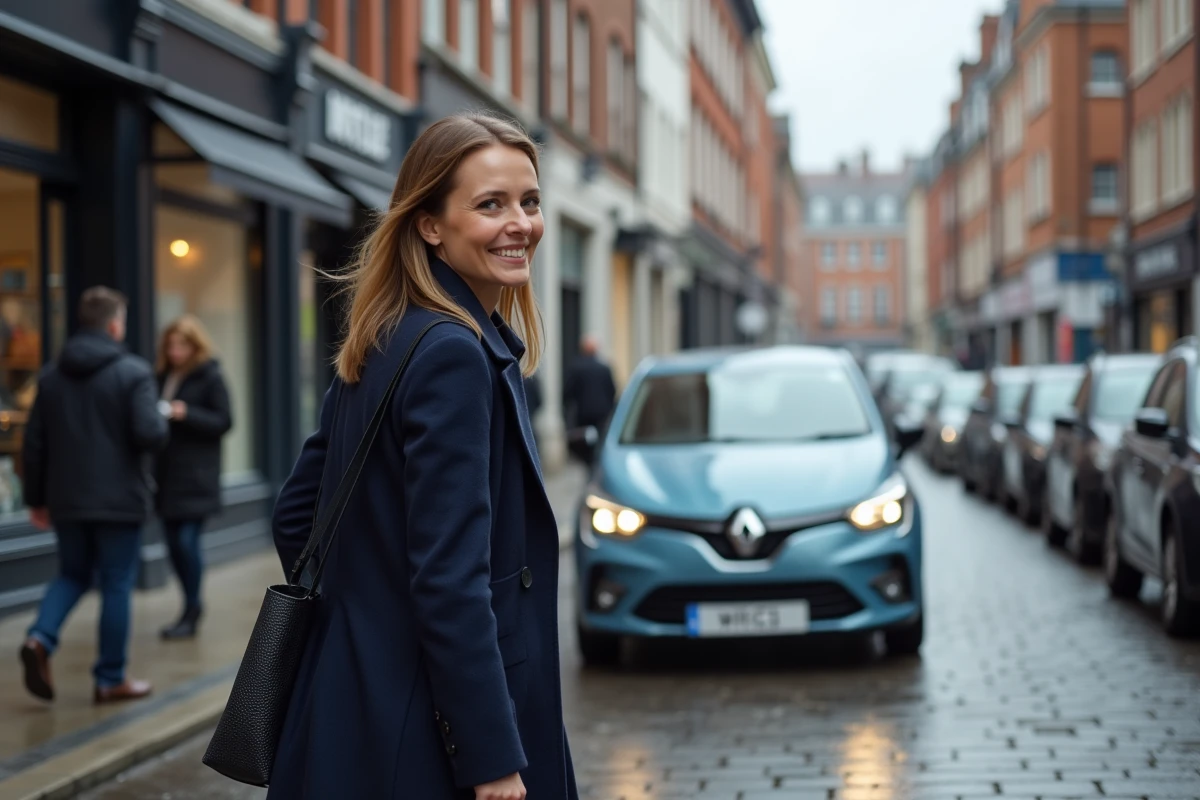 Femme soulagée après avoir garé facilement une petite voiture dans une rue commerçante