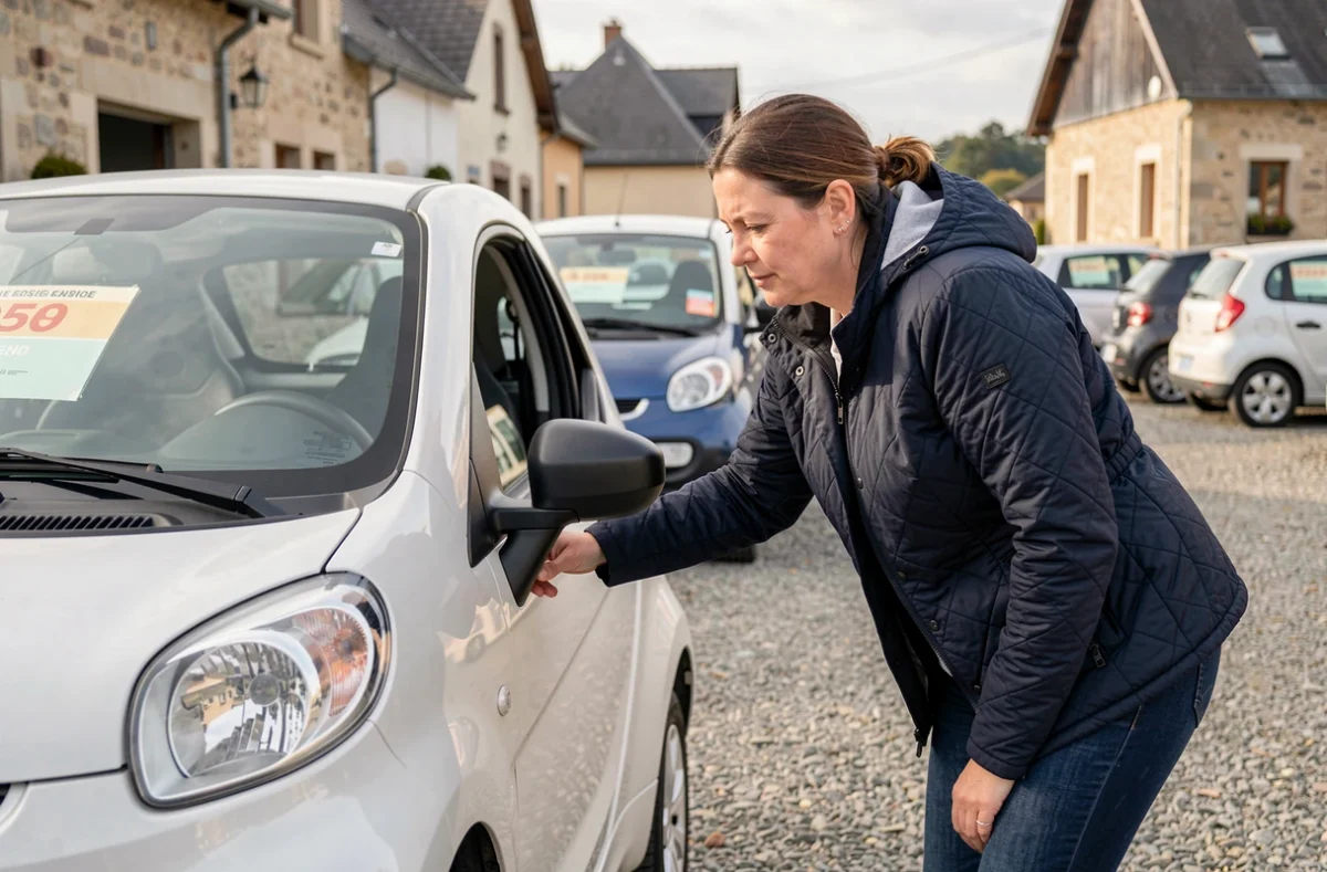 Femme inspectant une voiture sans permis d'occasion chez un concessionnaire dans les Vosges