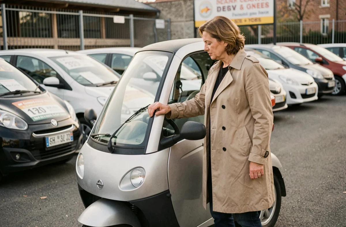 Femme inspectant une voiture sans permis d'occasion dans un concessionnaire parisien