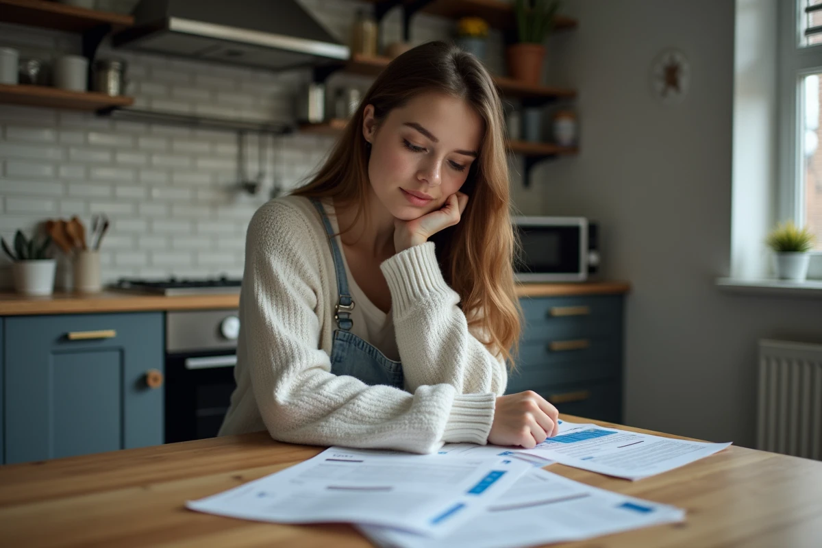Jeune femme examine une facture de réparation auto à la maison