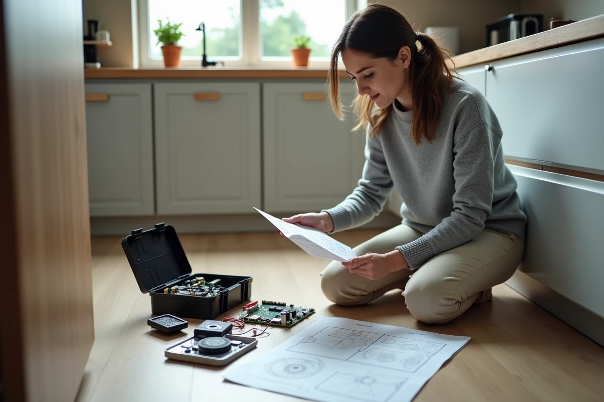 Jeune femme lisant un manuel BPGA dans une cuisine moderne