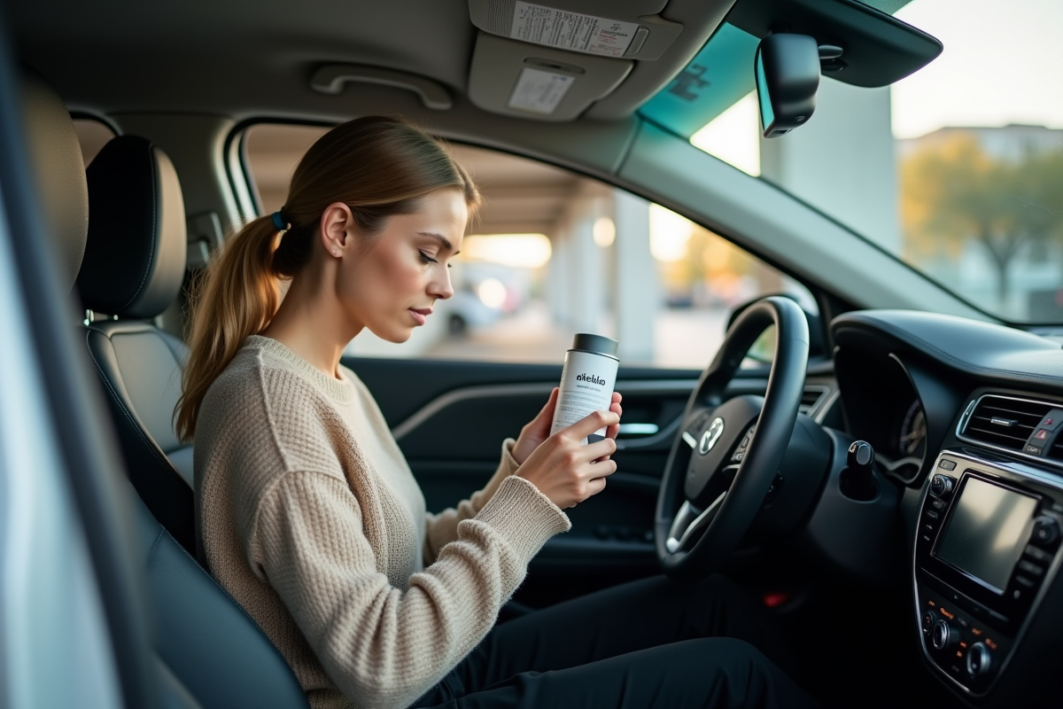 Femme lisant les instructions d’un produit antipollution dans sa voiture