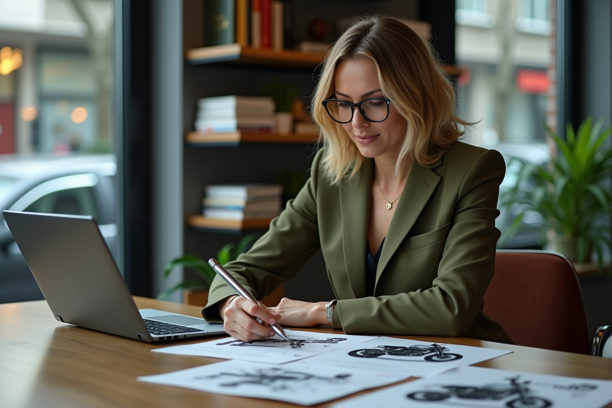 Femme marketing en réunion avec documents et tablette