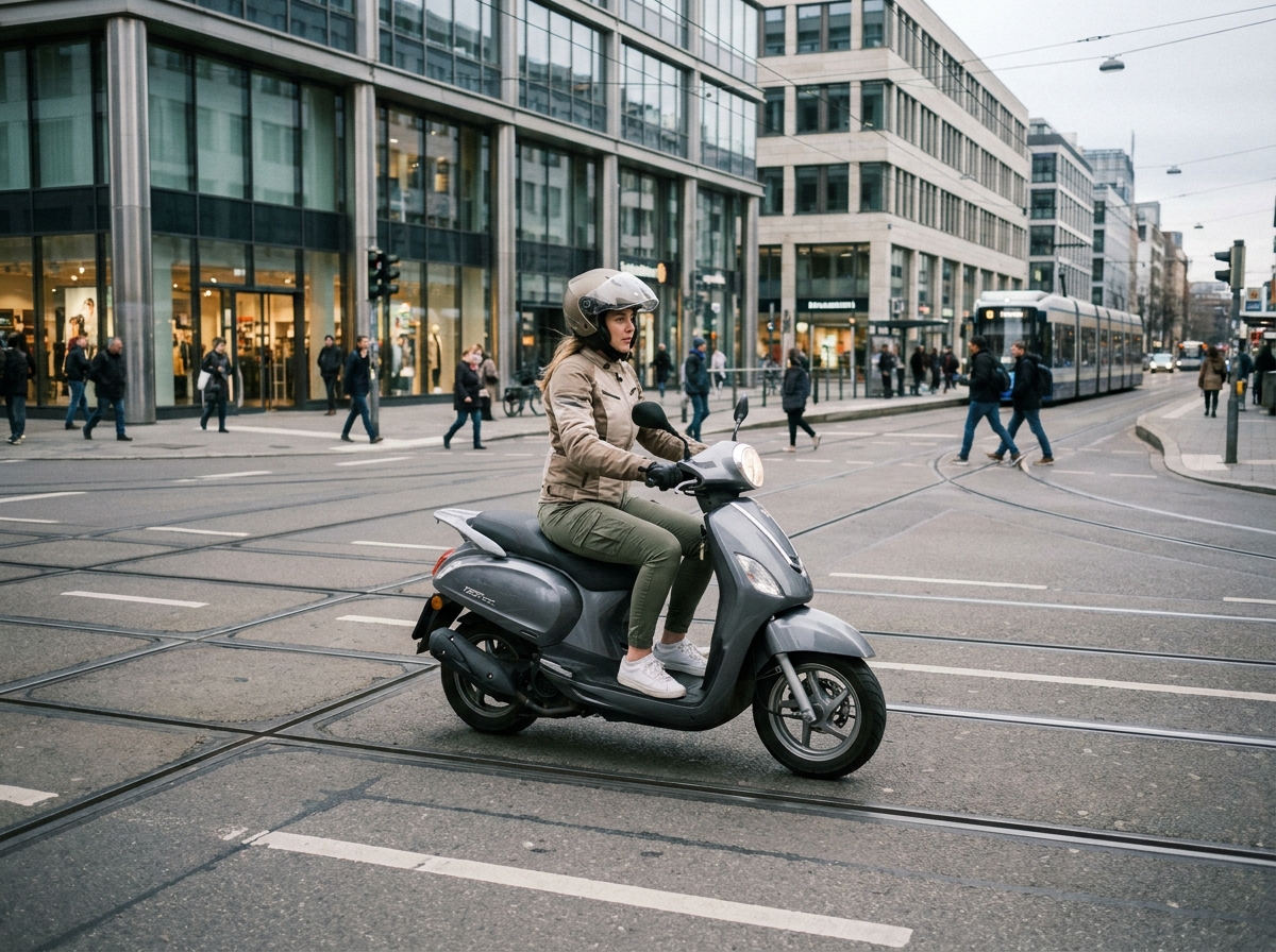Femme motarde en scooter 125cc naviguant sereinement dans une intersection urbaine animée