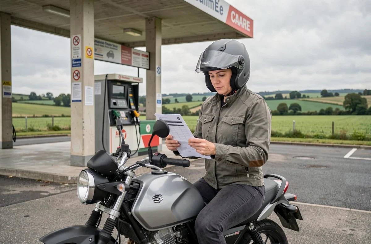 Femme en équipement moto consultant un document administratif sur sa 125cc dans une station-service rurale française