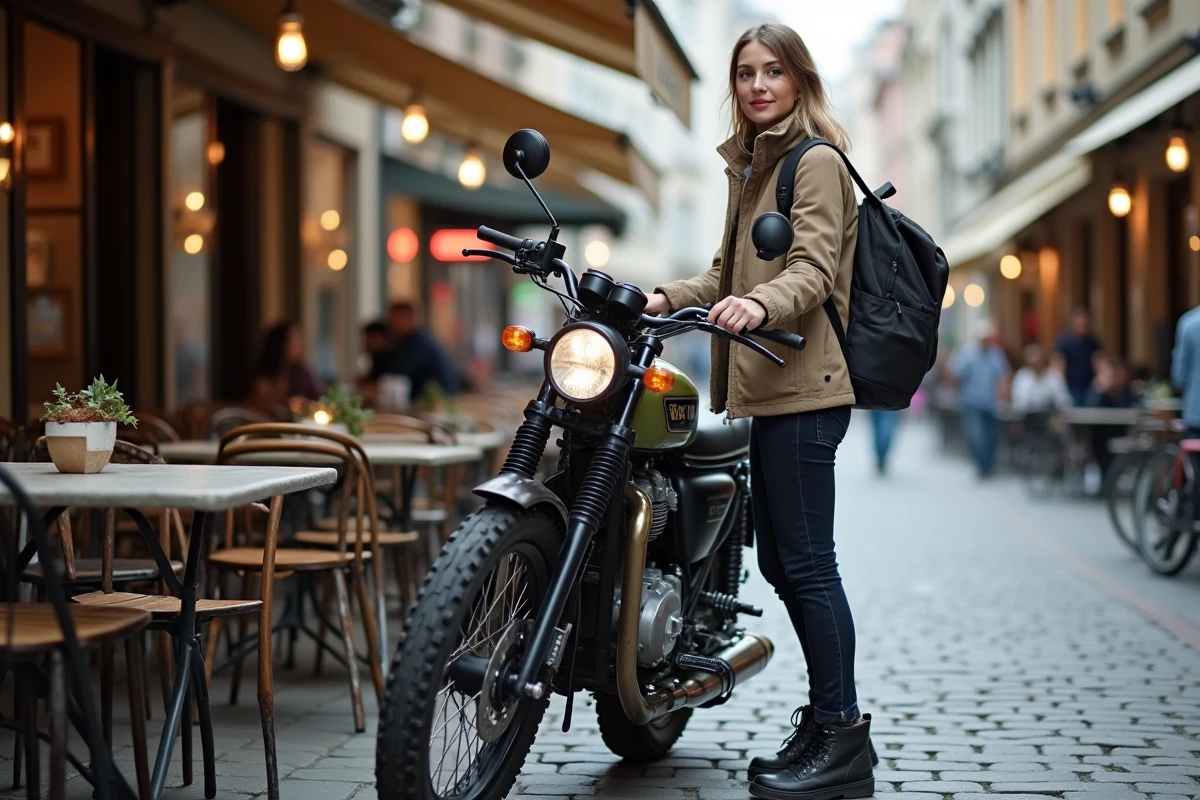 Femme avec casque et moto dans une rue urbaine anim&eacute;e