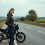 Femme confiante avec moto dans la campagne française