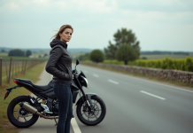Femme confiante avec moto dans la campagne française