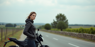 Femme confiante avec moto dans la campagne française