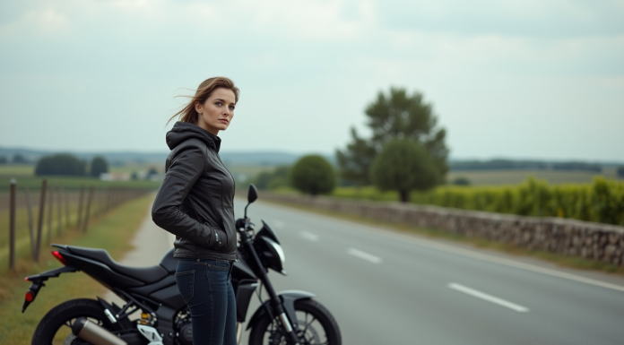 Femme confiante avec moto dans la campagne française