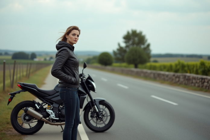Femme confiante avec moto dans la campagne française