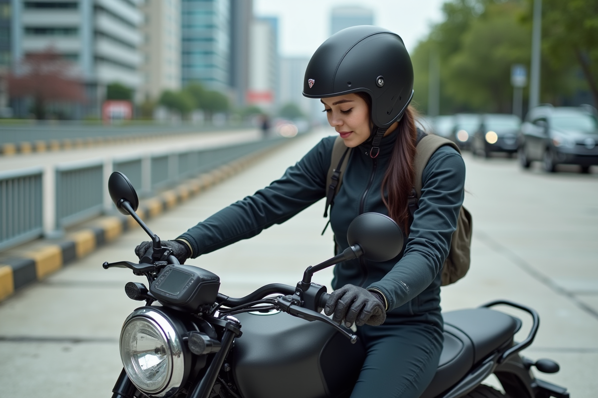 Jeune femme en moto en ville avec GPS