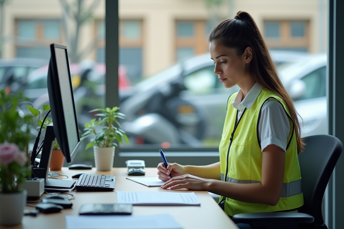 Femme remplissant papiers avec moto à l