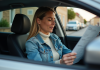 Femme dans sa voiture regardant un document d'immatriculation