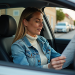 Femme dans sa voiture regardant un document d'immatriculation