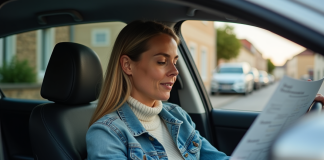 Conduire une voiture sans être le propriétaire : ce que dit la loi en France Femme dans sa voiture regardant un document d'immatriculation