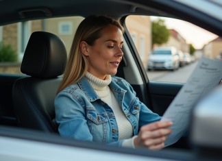 Conduire une voiture sans être le propriétaire : ce que dit la loi en France Femme dans sa voiture regardant un document d'immatriculation