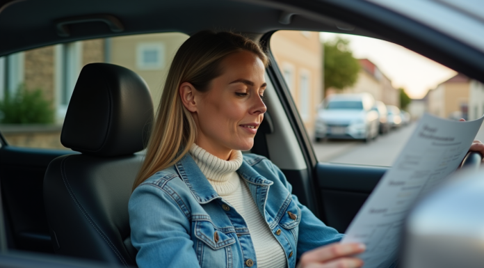 Femme dans sa voiture regardant un document d'immatriculation